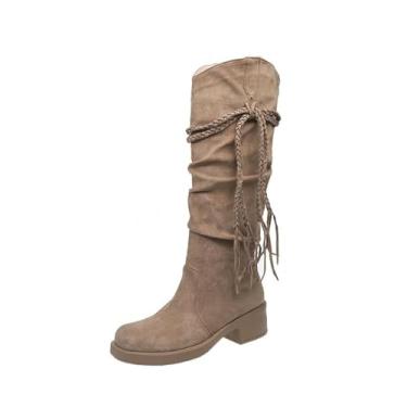 Imagem de Botas femininas de cano alto empilhadas estilo inverno bico quadrado redondo salto grosso, Caqui, 36