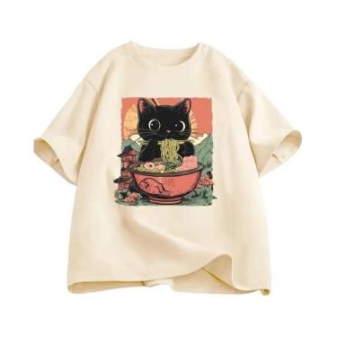 Imagem de Camiseta Casual De Manga Curta Com Estampa De Gato Preto Para Mulheres