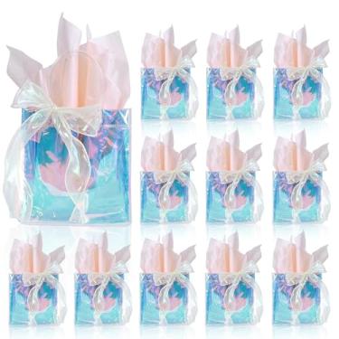 Imagem de EDCUEBE7 9 peças de sacos de presente holográficos transparentes com papel de seda e fita, sacos de plástico reutilizáveis de PVC para presente pequenos, sacos de presente de festa, sacos de presentes