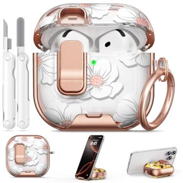 Imagem de Polislime Capa para AirPods 4, com trava de segurança e suporte de telefone para AirPods florais 4ª geração, capa para mulheres, capa para iPod 4 com chaveiro e kit de limpeza - lírio branco