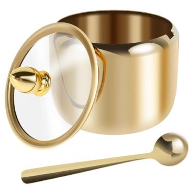 Imagem de MABCIRY Recipiente de açúcar com tampa de vidro transparente e colher, açucareiro de aço inoxidável 304 dourado, pote de açúcar de 293 ml, caixa de tempero segura, pote de condimentos multifuncional