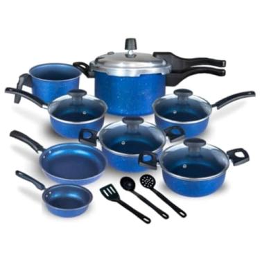 Imagem de Jogo de Panelas Teflon com Panela de Pressão 2.5L - Fechamento Externo, 11 Peças Completas para Cozinhas Domésticas (Azul)