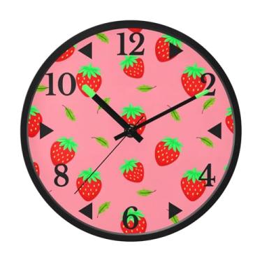Imagem de STAYTOP Lindo relógio de parede LED de morangos e folhas verdes para quarto com brilho noturno, relógios de parede silenciosos de 30,5 cm para decoração de sala de estar, controle de som, relógio de