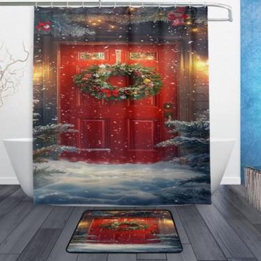 Imagem de xigua Conjunto de tapetes de cortina de banho com guirlanda de Natal com porta vermelha festiva 2 peças, conjunto temático de banheiro (152 x 182 cm) com cortina de chuveiro e tapete antiderrapante