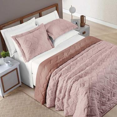 Imagem de Kit Cobre Leito Colcha Katarine King 03 Peças Dupla Face MicroPercal 300 Fios Detalhado - Rosê