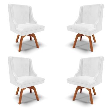 Imagem de Kit 4 Cadeiras Decorativas Sala de Jantar Base Giratória de Madeira Firenze PU Branco Brilho/Natural G19 - Gran Belo