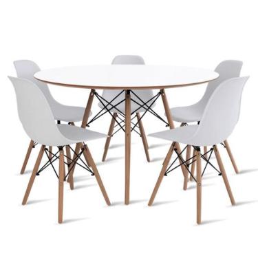 Imagem de Conjunto Mesa De Jantar Eames Eiffel Redonda 110cm Tampo De Madeira Branco + 5 Cadeiras Brancas