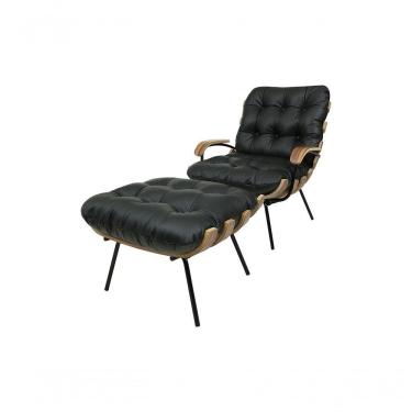 Imagem de Poltrona E Puff De Couro Costela Com Braço Preto Pigmentado - Clube Móveis