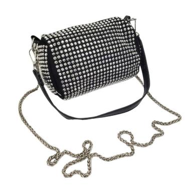 Imagem de Bolsa Feminina Transversal Pequena Strass Brilho Alça De Corrente Festa Casamento Balada preto
