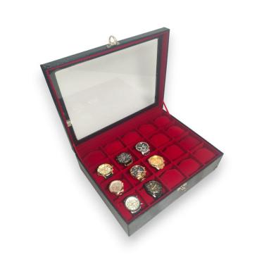 Imagem de Porta Relógio Estojo Organizador 20 Nichos Maiores Couro Ecológico Preto Vermelho