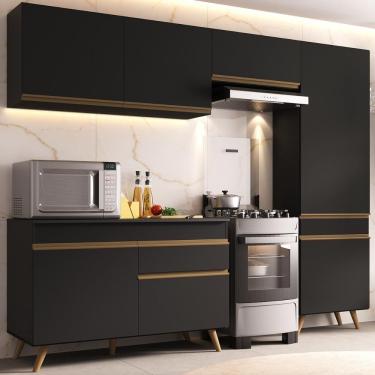Imagem de Armário Cozinha Modulada Compacta 252cm Com Balcão Veneza Multimóveis Mp3762 Preto/dourado