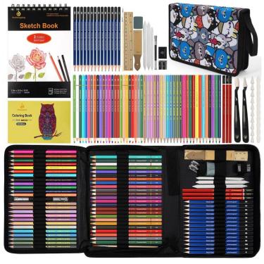 Imagem de Kit de desenho 100 peças Daerthotk com lápis grafite, cor, aquarela, metálico, sketchbook 3 cores, livro para colorir e estojo