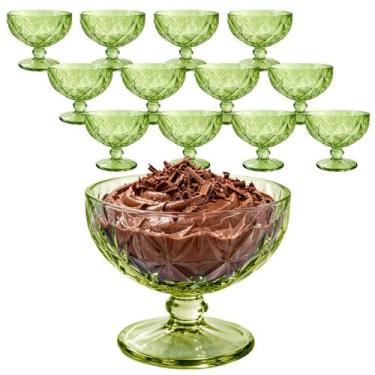 Imagem de Jogo 12 Taças De Vidro Sobremesa Verde Diamante Sorvete Açai Luxo 400m