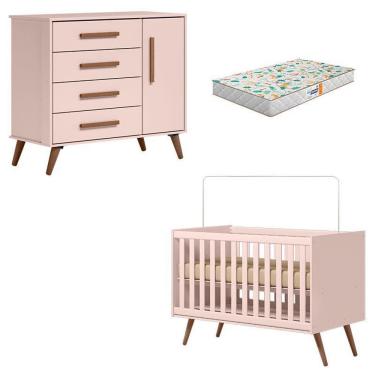 Imagem de Berço Americano 3820 e Cômoda Infantil 3825 Q Encanto Retrô Rosa com Colchão Gazin - Qmovi