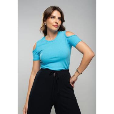 Imagem de Blusa Canelada Manga Curta Ombro Vazado Azul Salvatore, Azul claro, M