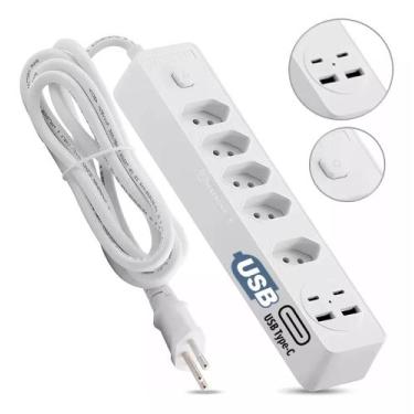 Imagem de Filtro De Linha 5 Tomadas Com Usb 2.4a Tipo-c Extensão 2m Cor Branco -