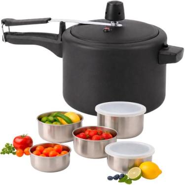 Imagem de Panela de Pressão 4,5 L Brinox Vapt Ceramic Life Preta Com Jogo de 5 P