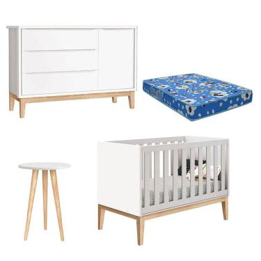 Imagem de Berço Americano Cômoda 1 Porta Classic e Mesa de Canto Theo Branco com Pés Madeira Natural com Colchão - Reller