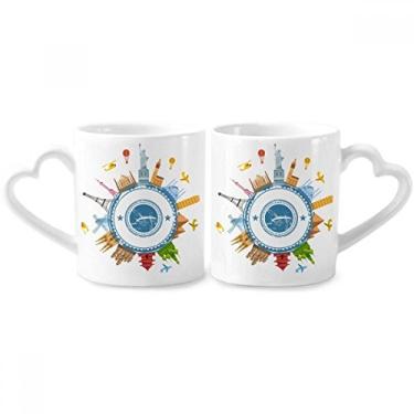 Imagem de Conjunto de canecas de porcelana para casais, marco da terra mundial e padrão de cidade