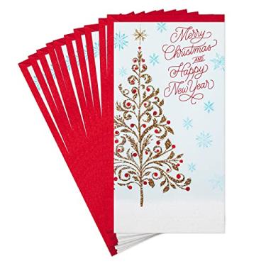 Imagem de Hallmark Pacote de porta-cartões de Natal ou dinheiro de Natal, árvore de Natal com glitter dourado (10 cartões com envelopes)