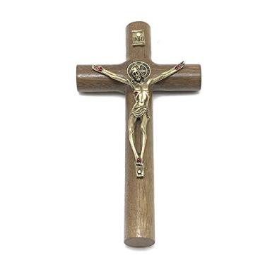 Imagem de Crucifixo Parede Cilíndrico Cristo Metal São Bento Dourado 17 cm