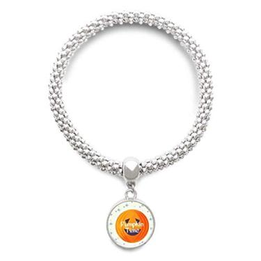Imagem de DIYthinker Pulseira de prata com padrão de abóbora redonda de Halloween com pingente de corrente ajustável