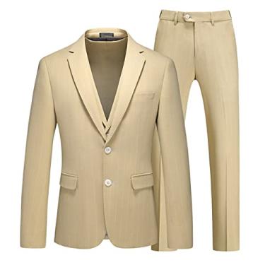 Imagem de Blazer masculino slim fit casamento casaco esportivo negócios casual dois botões casacos elásticos jantar smoking, amarelo, 2GG (54)