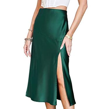 Imagem de Saia midi de cetim feminina verão cintura alta seda evasê saia rodada, Verde escuro, GG