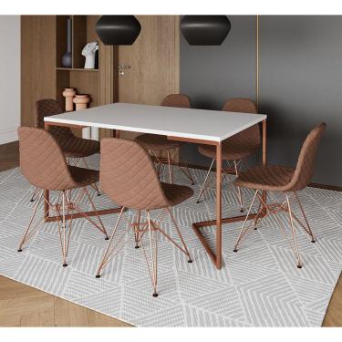 Imagem de Mesa Industrial Retangular Branca Base V Cobre 137x90cm 6 Cadeiras Estofadas Caramelo Eiffel Cobre 