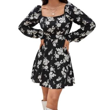 Imagem de Camisa Feminina Allover Floral Print Square Neck Lantern Sleeve Dress (Color : Black and White, Size : CH)