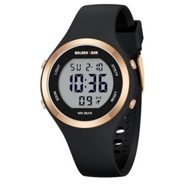 Imagem de GOLDEN HOUR Relógio esportivo feminino com pulseira de silicone com cronógrafo digital à prova d'água, Preto, Moderno