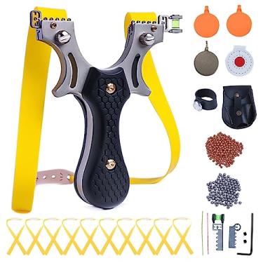 Imagem de IITFSTC Conjunto de estilingue sólido profissional ao ar livre para caça em aço inoxidável de alta velocidade para adultos com 1 bolsa de munição 100 bolas de munição e 10 elásticos e 4 alvos