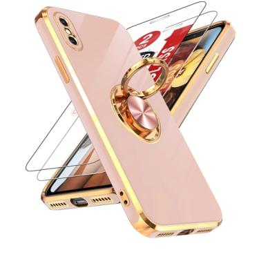 Imagem de LeYi Capa para iPhone-X Capa para iPhone-Xs-Plus: com protetor de tela de vidro temperado [pacote com 2] Suporte magnético giratório de 360° com suporte magnético, capa protetora de borda de ouro rosa