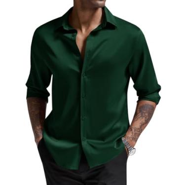 Imagem de Runcati Camisa social masculina de cetim de seda de manga comprida com botões de luxo para festas de negócios, Verde escuro, M