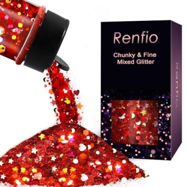 Imagem de Renfio Confetes de formas mistas, glitter holográfico grosso, 50 g com glitter vermelho, coração, lua, estrela, círculo, confetes, lantejoulas, glitter, para artesanato para arte em unhas, copos de