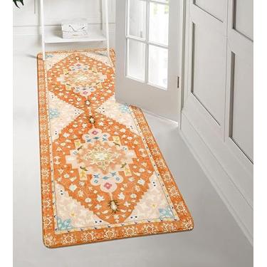 Imagem de Uphome Boho Tapete de corredor de banheiro laranja antiderrapante macio lavável na máquina tapete de corredor oriental tribal estética floral decoração de casa tapetes para cozinha quarto de crianças