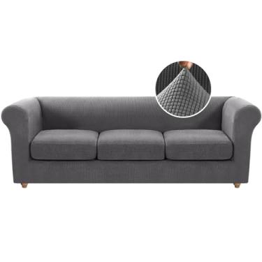 Imagem de H.VERSAILTEX 4 capas de sofá elásticas para sofá de 3 almofadas tradicionais Chesterfield (capa de base mais 3 capas de almofada de assento) tecido jacquard mais grosso (sofá grande, cinza)