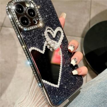 Imagem de Glitter coração maquiagem espelho caso de telefone para iphone 15 pro max 13 12 14 plus galvanizado amor pérola macio, preto, para iphone 15 plus