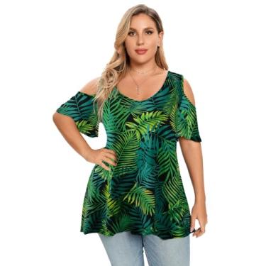 Imagem de LARACE Túnica feminina plus size, gola V, manga curta, ombro vazado, blusa solta de verão, A - verde 42, G Plus Size