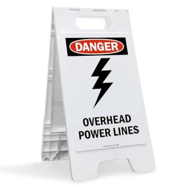 Imagem de SmartSign 63,5 x 30,5 cm "Danger - Overhead Power Lines" Placa dobrável de dois lados, plástico de polipropileno impresso digitalmente, vermelho, preto e branco