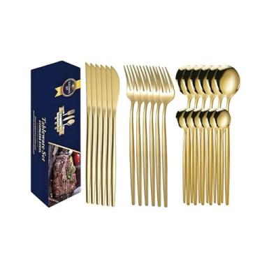 Imagem de Faqueiro Inox Talheres 24 Peças com Colheres, Facas e Garfos Espelho Polido Para 6 Pessoas (Dourado)