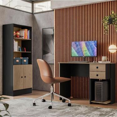 Imagem de Mesa Escrivaninha 4115 e Armário Gamer 4095 Ambiente Preto Fosco Carvalho TOQ Rústico – Qmovi