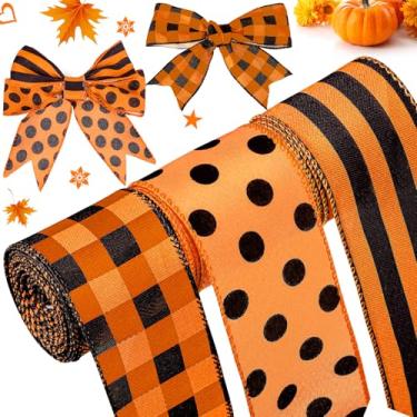 Imagem de Wiaxin 3 rolos de fitas de juta com borda com fio xadrez, fitas de gorgorão listradas, fita de embrulho com padrão de pontos para artesanato faça você mesmo, decoração de festa, casa, 6,3 cm x 14 metros (preto e laranja)