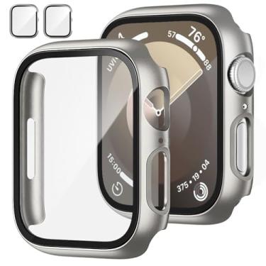 Imagem de JZK Pacote com 2 capas com protetor de tela de vidro temperado para Apple Watch séries 9/8/7 de 41 mm, capa protetora fina para Apple Watch 41 mm, acessórios de titânio