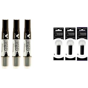 Imagem de Kit 3 Marcadores Para Quadro Branco + 3 Refil Pilot V-board Master Preto