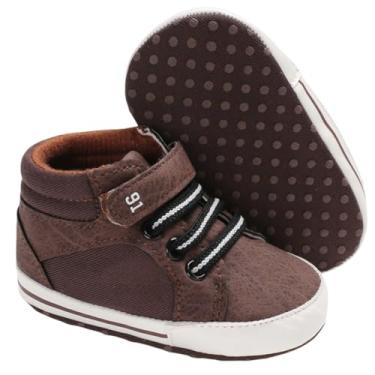 Imagem de Babelvit Tênis de lona para bebês meninos e meninas com sola macia brilhante cano alto com cadarço unissex para bebês recém-nascidos pré-andador primeiro bebê, 01 Ca/marrom, 3-6 meses