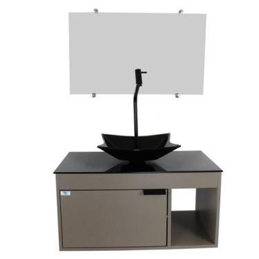 Imagem de Gabinete Armário Banheiro 60cm Cuba Quadrada Preta com Espelho - Cubas