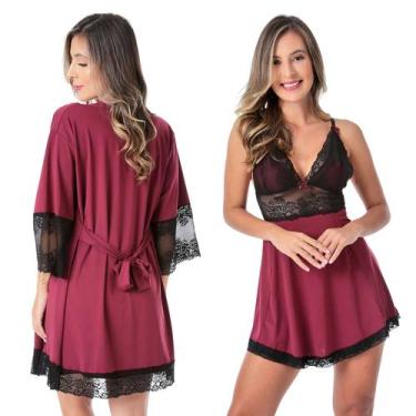 Imagem de Kit Robe Luxo e Camisola Sensual de Renda Lingerie Feminina - Empório 