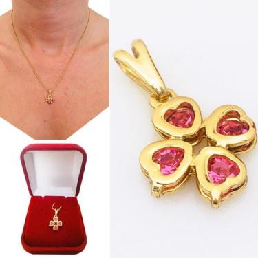 Imagem de Pingente Feminino Trevo da Sorte Coração Rosa em Zircônia Cravejada Fo