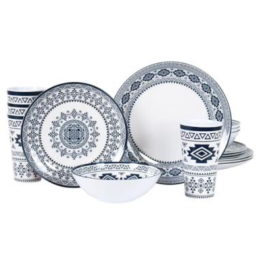 Imagem de DAPOTO Conjunto de louça de melamina para 4 a 12 peças: conjunto de pratos de acampamento com pratos de jantar, pratos de salada e tigelas. Leve e inquebrável. Uso interno e externo.